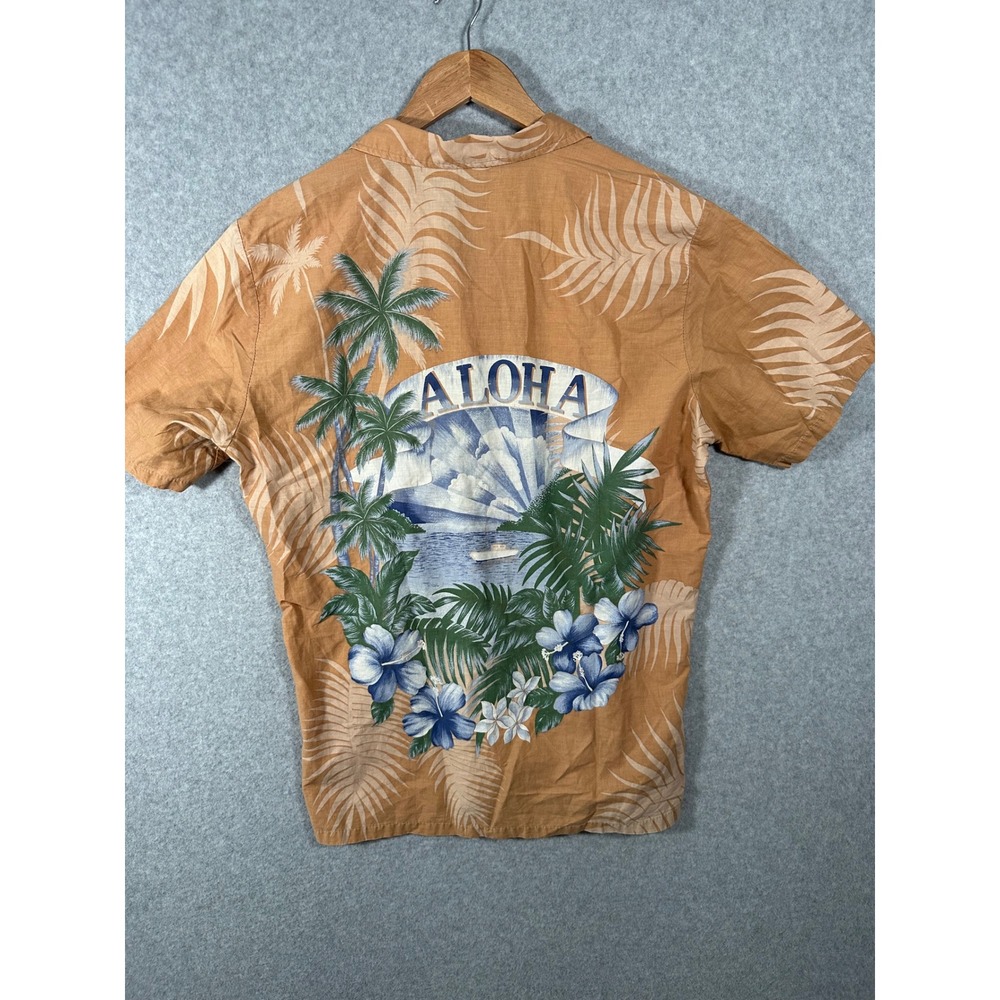 VTG Ocean Pacific OP Sunwear Aloha Shirt Tan Palm Graphic Wooden Buttons L Mens